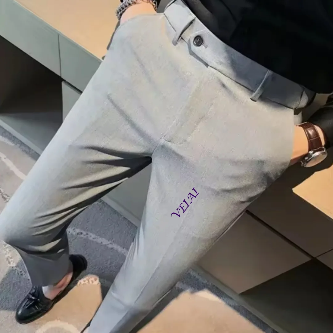 9 Cropped Straight Male Suit Trousers Gray Men's Summer Pants Formal Classic 2025 Anti-wrinkle Tailoring Cheap Chinese Homme