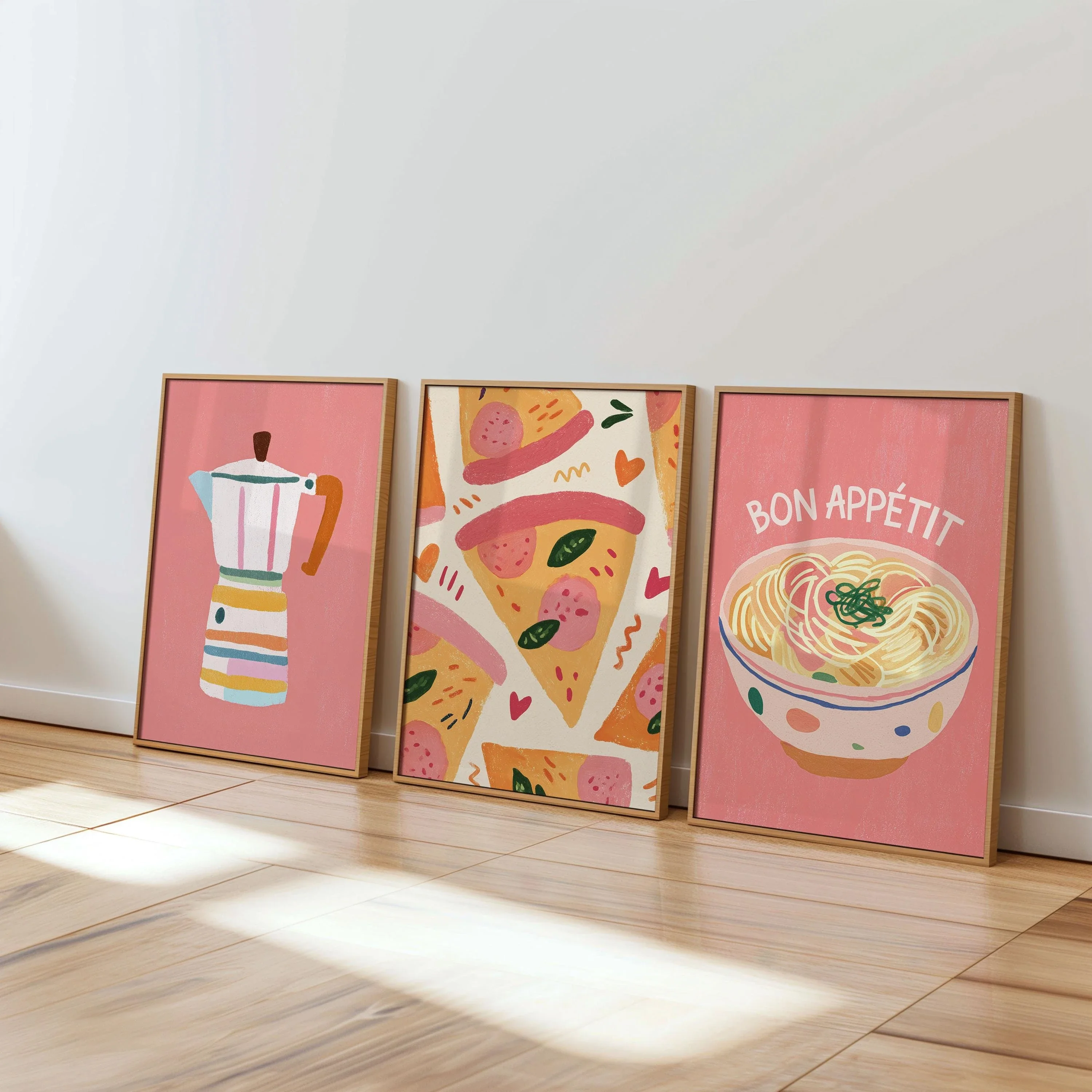 Multiple sizes 3pcs frameless Canvas Painting,3pcsf Pink Minimalist Food Art Wall Posters Slim Pizza 