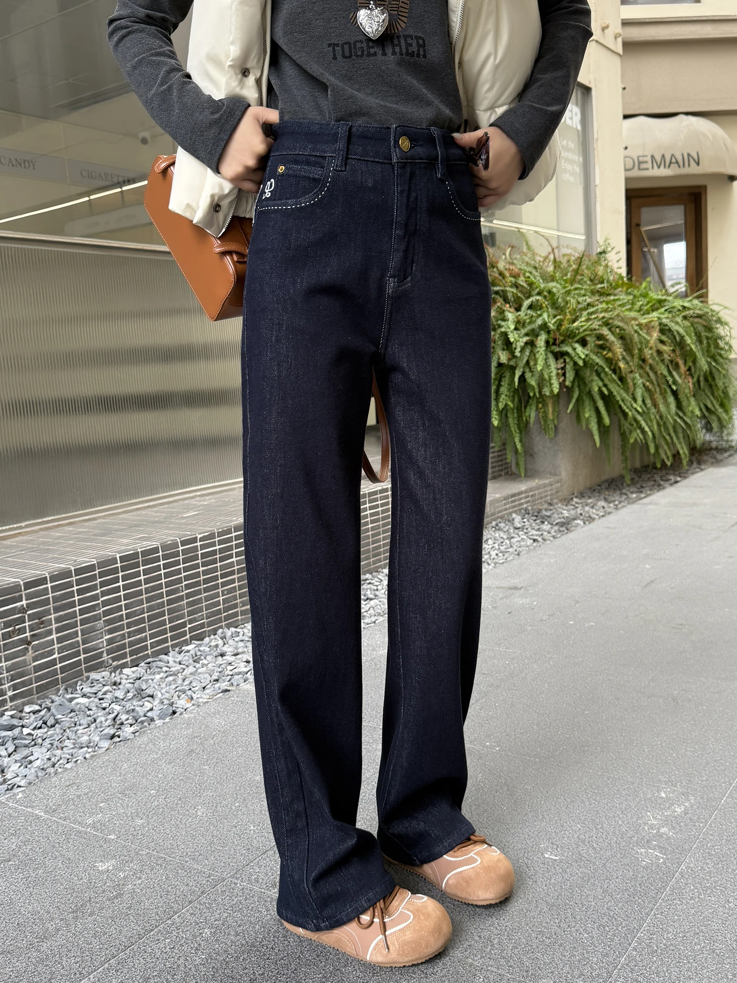 

Темно-синие облегающие широкие джинсы с подкладкой Fce, женские зимние новые свободные утягивающие джинсовые брюки прямого кроя с высокой талией, хлопок