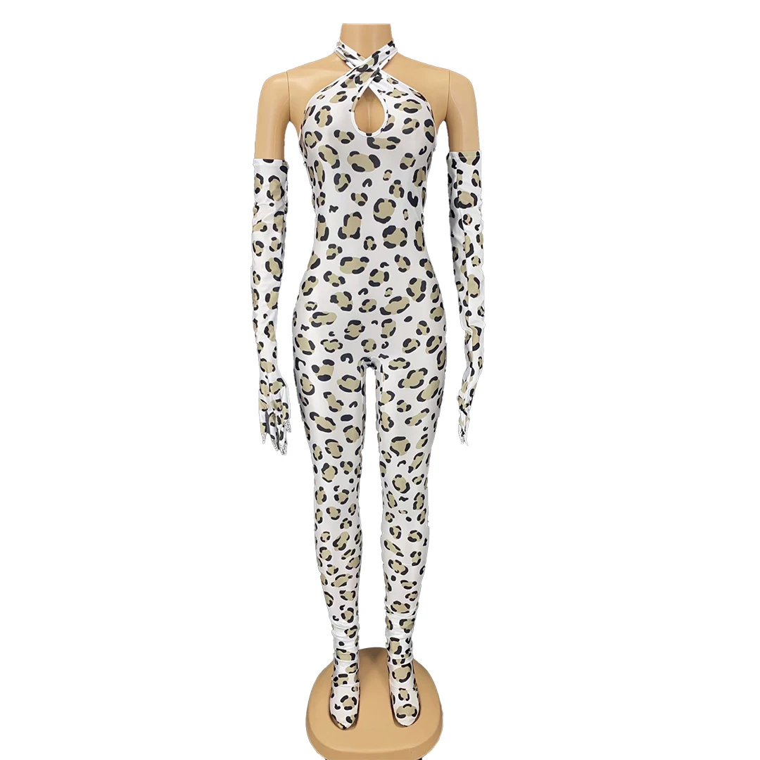 

Leopard Print Tight Fitting Jumpsuit with Gloves Women Sexy Bodycon Unitard Footed Stage Performance Party Bodysuit Baowenmeijia