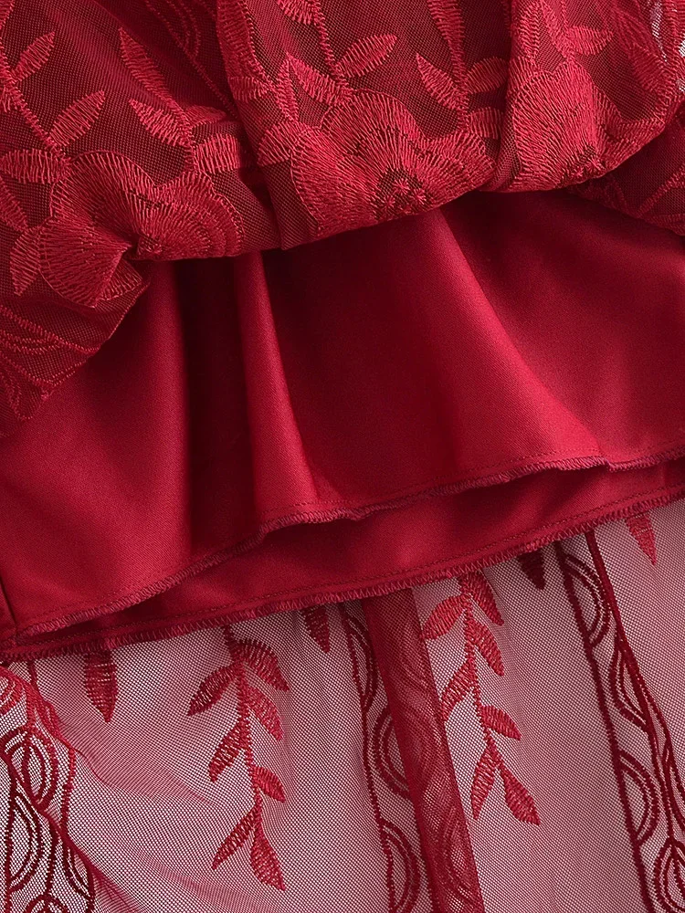 Vintage Chic Women Red Lace Short Sleeve Split Summer Beach Sexy Bohemian Maxi Dress Ladies Casual Boho Wedding Dresses Vestidos