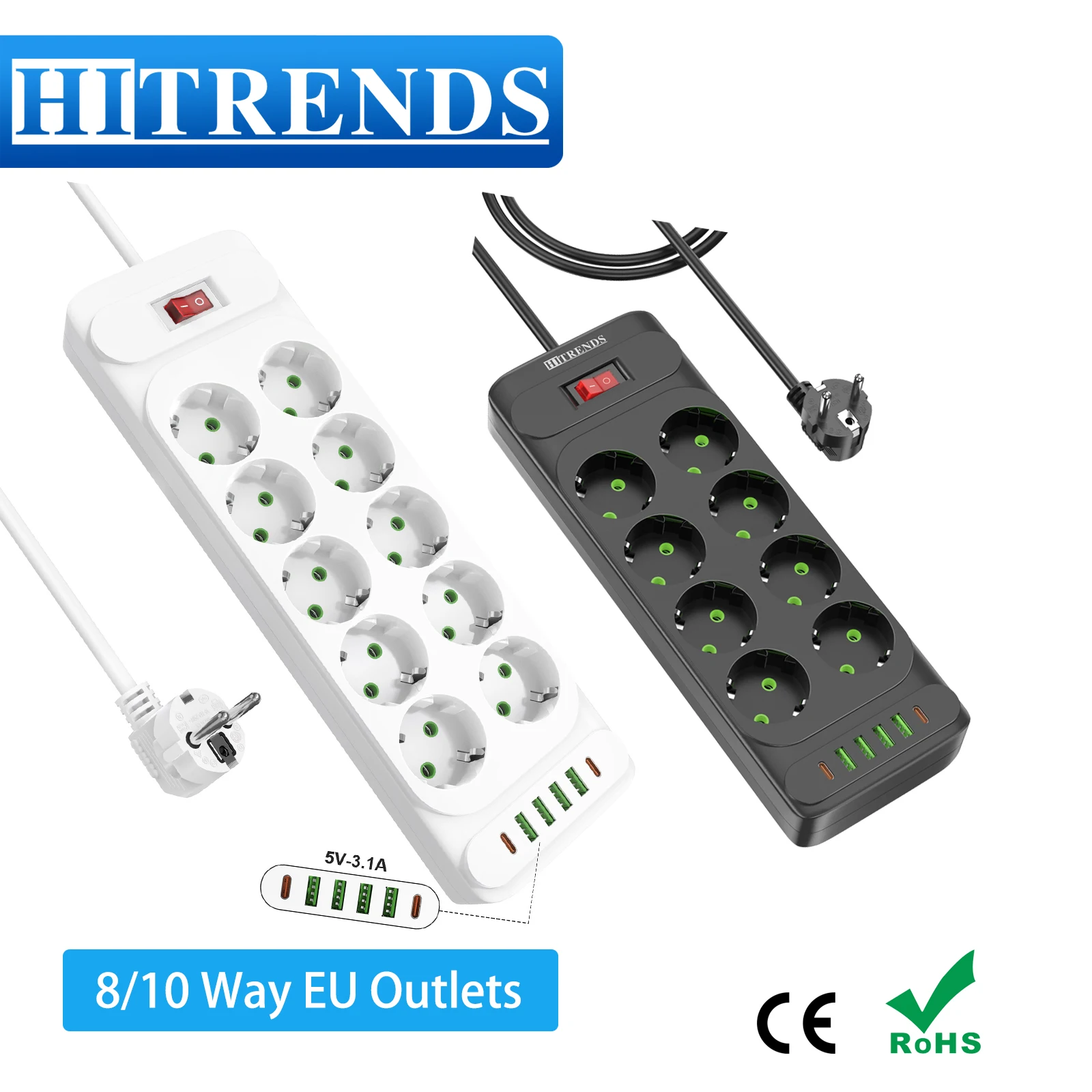 

Розетка переменного тока 8/10, вилка европейского стандарта, мультитапельный удлинитель, удлинитель 2 м с 4 USB A 2 типа C, электрическая розетка, защита от перенапряжения для дома