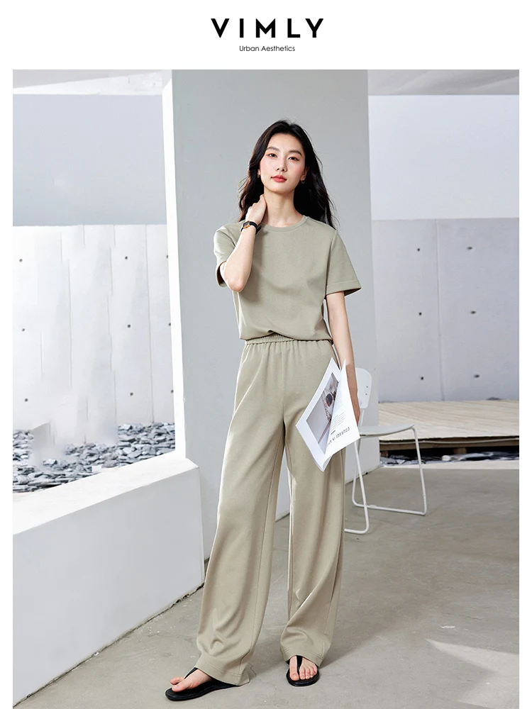 VIMLY Summer Casual Women Sporty Short Sleeve Tee Top Tracksuit  2Piece Set Loose Solid Simple Top+ Elastic Waist Wide Leg Pants