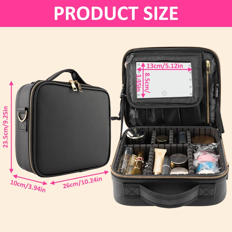 10 LED Portable Makeup Mirror - 1500mAh Rechargeable, 6000K Daylight, ABS Glass & Waterproof (Black)