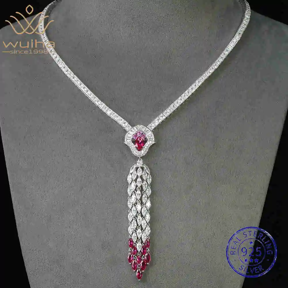 

WUIHA Vintage 100% 925 Sterling Silver Lab Sapphire Ruby High Carbon Diamonds Gemstone Cocktail Pendant Necklaces Fine Jewelry