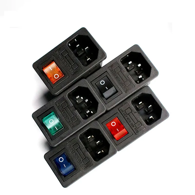 Dengan Sekring 10A! Red Rocker Switch Fused IEC320 C14 Inlet Power Socket Fuse Switch Connector Plug Connector Merah Hijau Biru Hitam