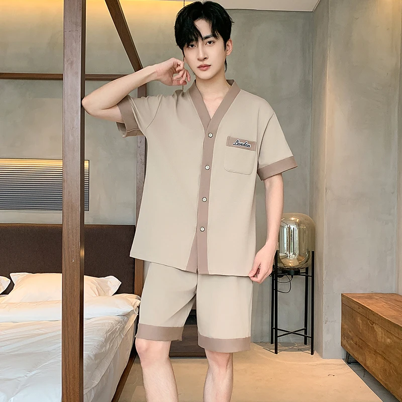 

Men's Japanese Kimono Casual Fashion Solid Color Cardigan Loose Summer Short-Sleeved Pajamas with Shorts Home Comfort Wear