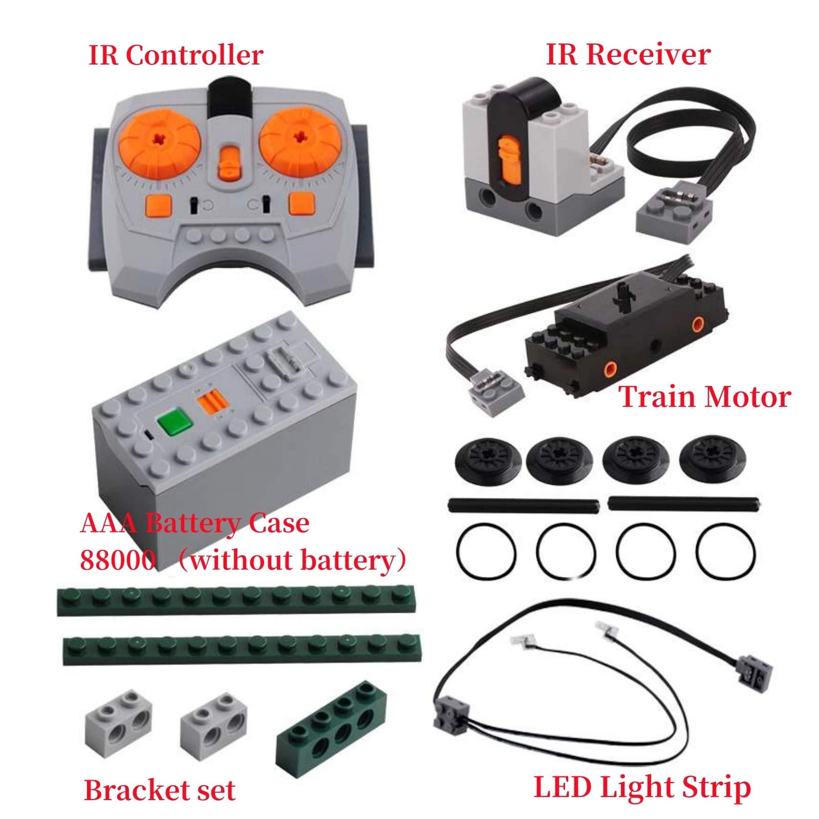 DIY Train Motor Set IR Remote Receiver AAA Battery Case LED Strip Rail Tracks compatible with 88002 city train PF MOC Blocks