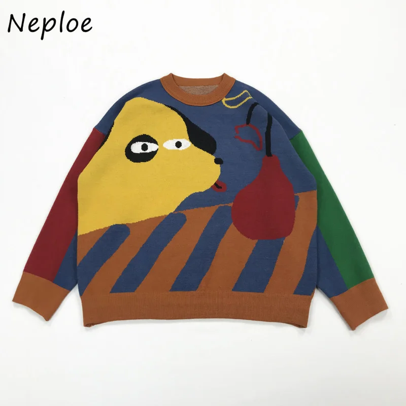 Neploe Japanischen Stil Frauen Pullover Oansatz Langarm Cartoon Muster Jacquard Weibliche Pullover Lose Mädchen Herbst Stricken Tops