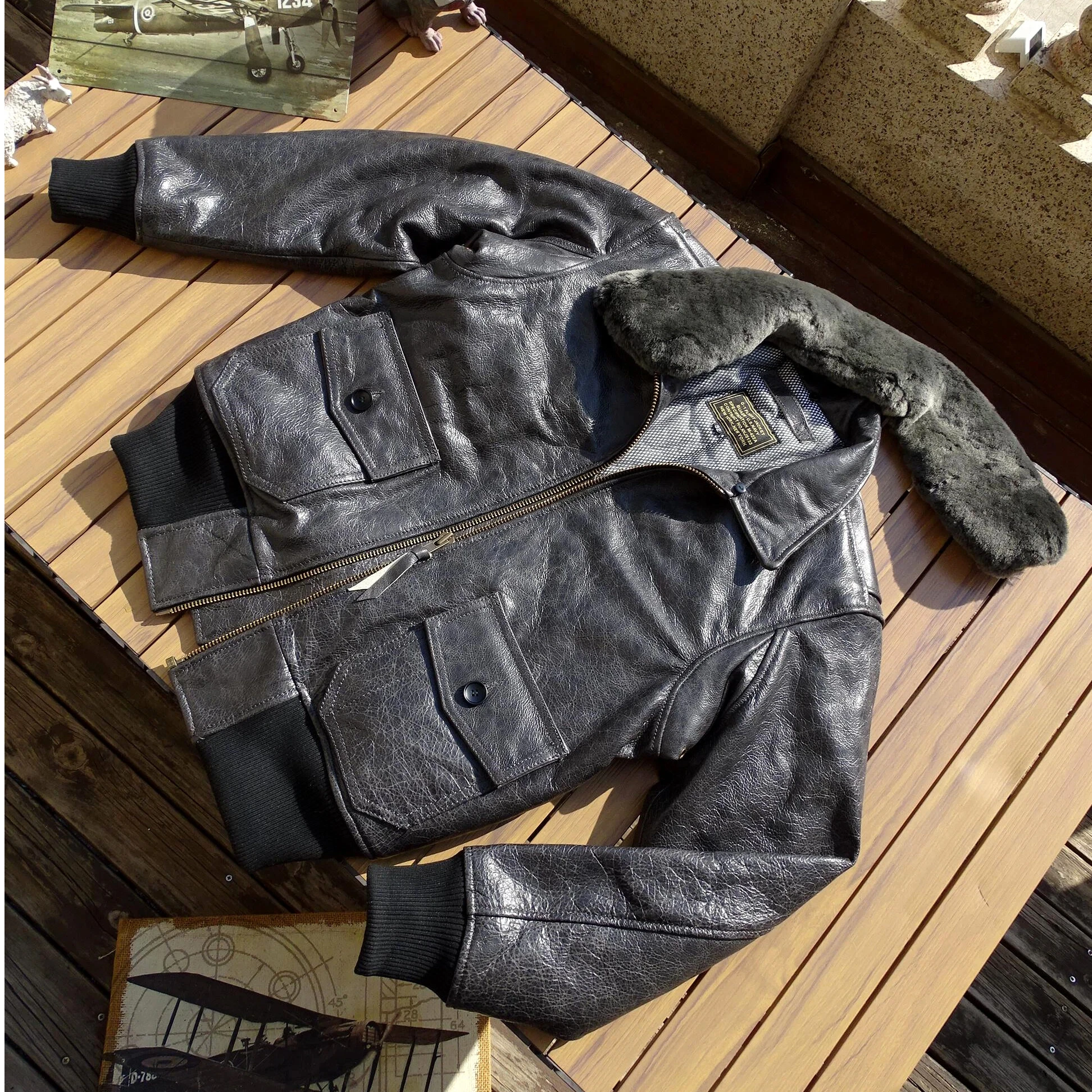 

G1-style Shadow Navy Submarine Officer Baicha Xin Куртка из натуральной кожи со съемным шерстяным воротником и хлопковой подкладкой для мужчин