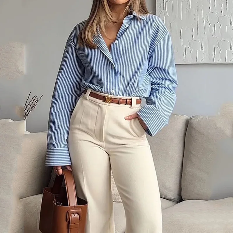 Two Piece Sets Women Pant Set Striped Print Casual Turn Down Collar Full Sleeve Shirt Tops High Waist Wide Leg Long Pants