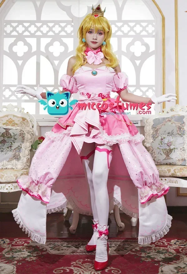 Miccostumes x akuoart Peach Cosplay Lolita Dress Royal Gown Cosplay Costume with Crown Earrings