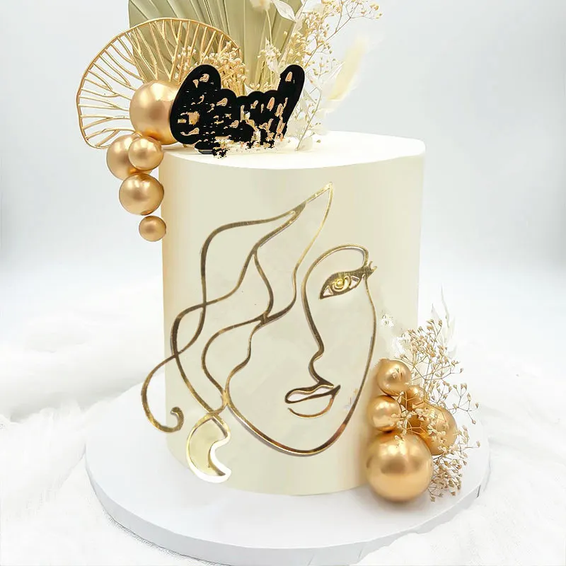 2023 Portrait Happy Birthday Cake Topper Gold Black Abstract Art Acrylic Boys Girls Party Cake Toppers Girl Dessert Decoration