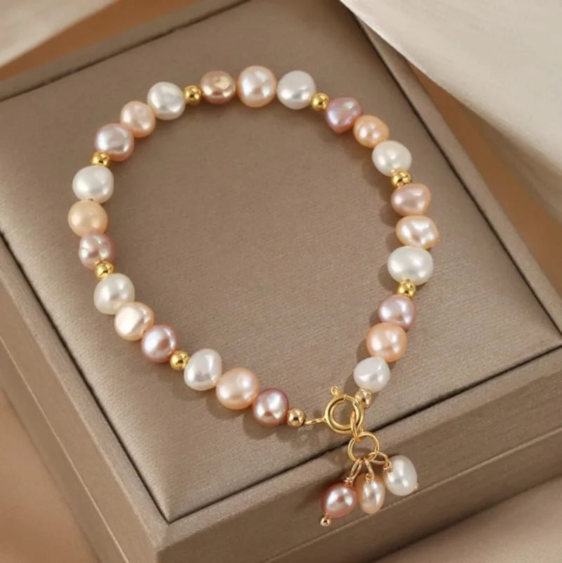 Minar Dainty White Pink Purple Candy Color Baroque Freshwater Pearl Beads Tassel Strand Bracelets for Women 14K Real Gold Copper