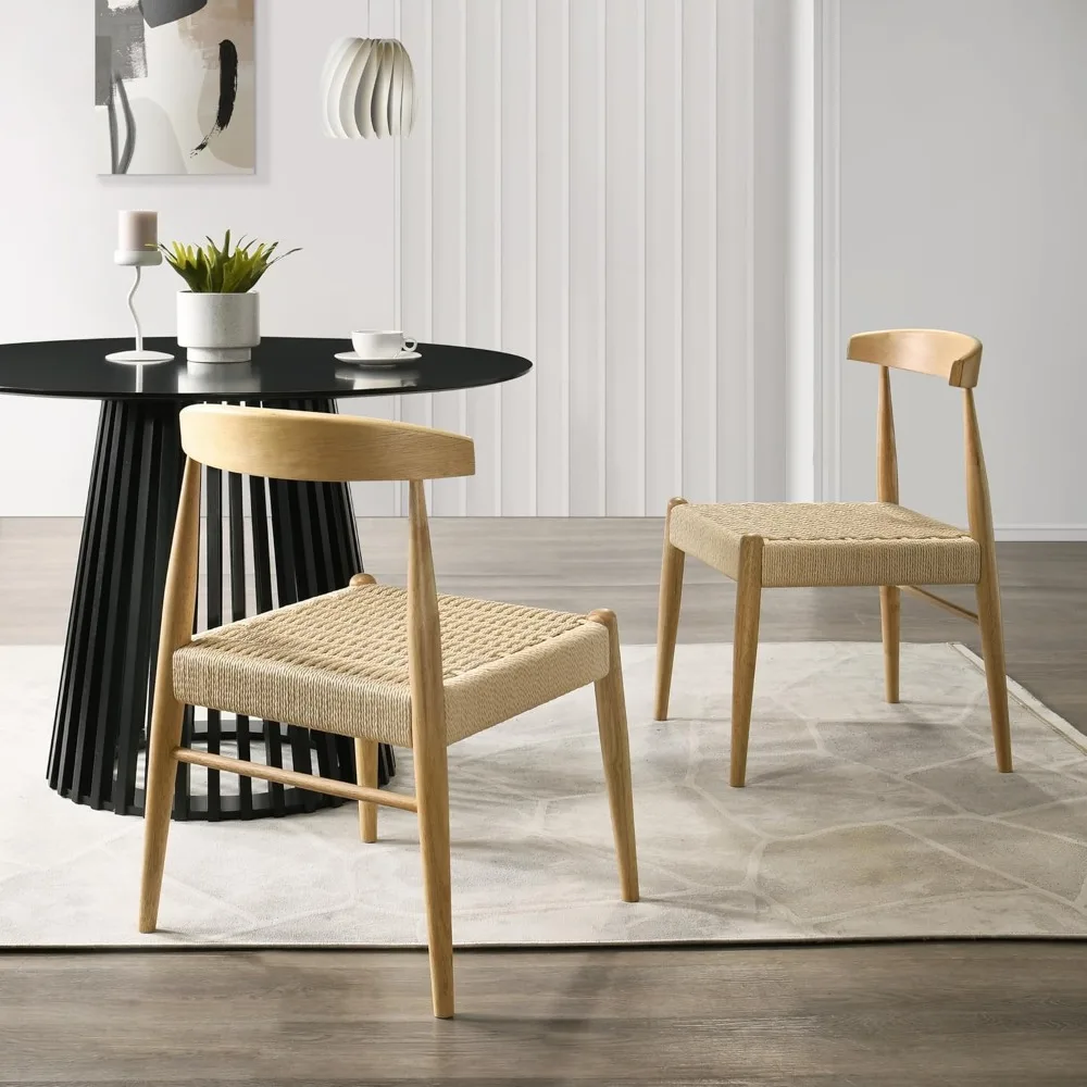

Modern Rope Woven with Wooden Frame Dining Chair, Mid-Century Wooden Side Chairs, Handcrafted Woven Chairs, Armless Kitchen