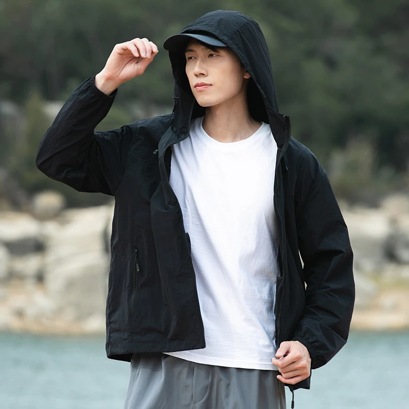 Men's UV Protective Hooded Jacket UPF50+ Windproof Quick Dry Anti Crease Summer Beach Walking Coat Unisex