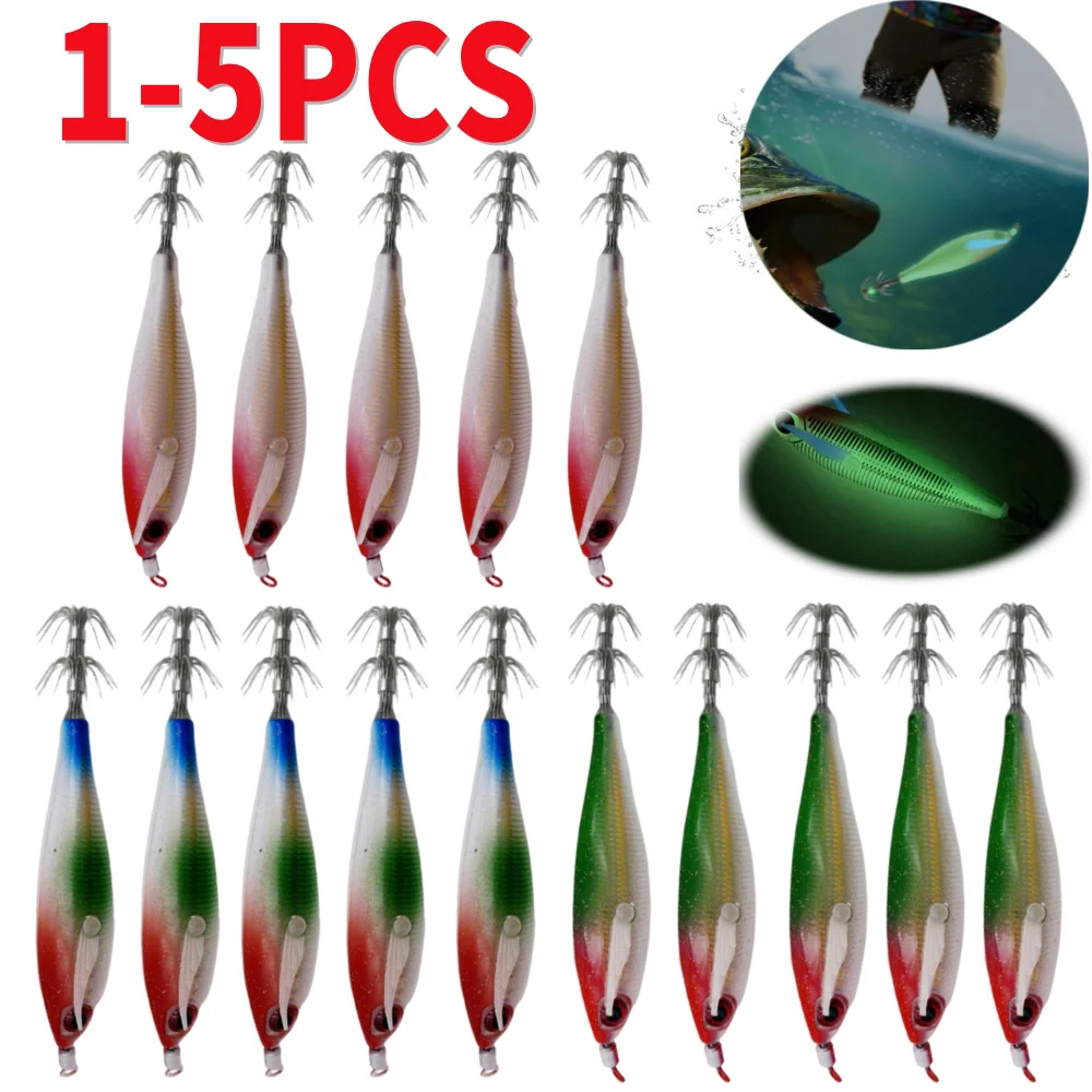 1-5PCS 6g 7.5cm Luminous Fishing Lure Wood Shrimp Bait Artificial Squid Hook Squid Hook Sea Fishing Octopus Squid Lure ﻿