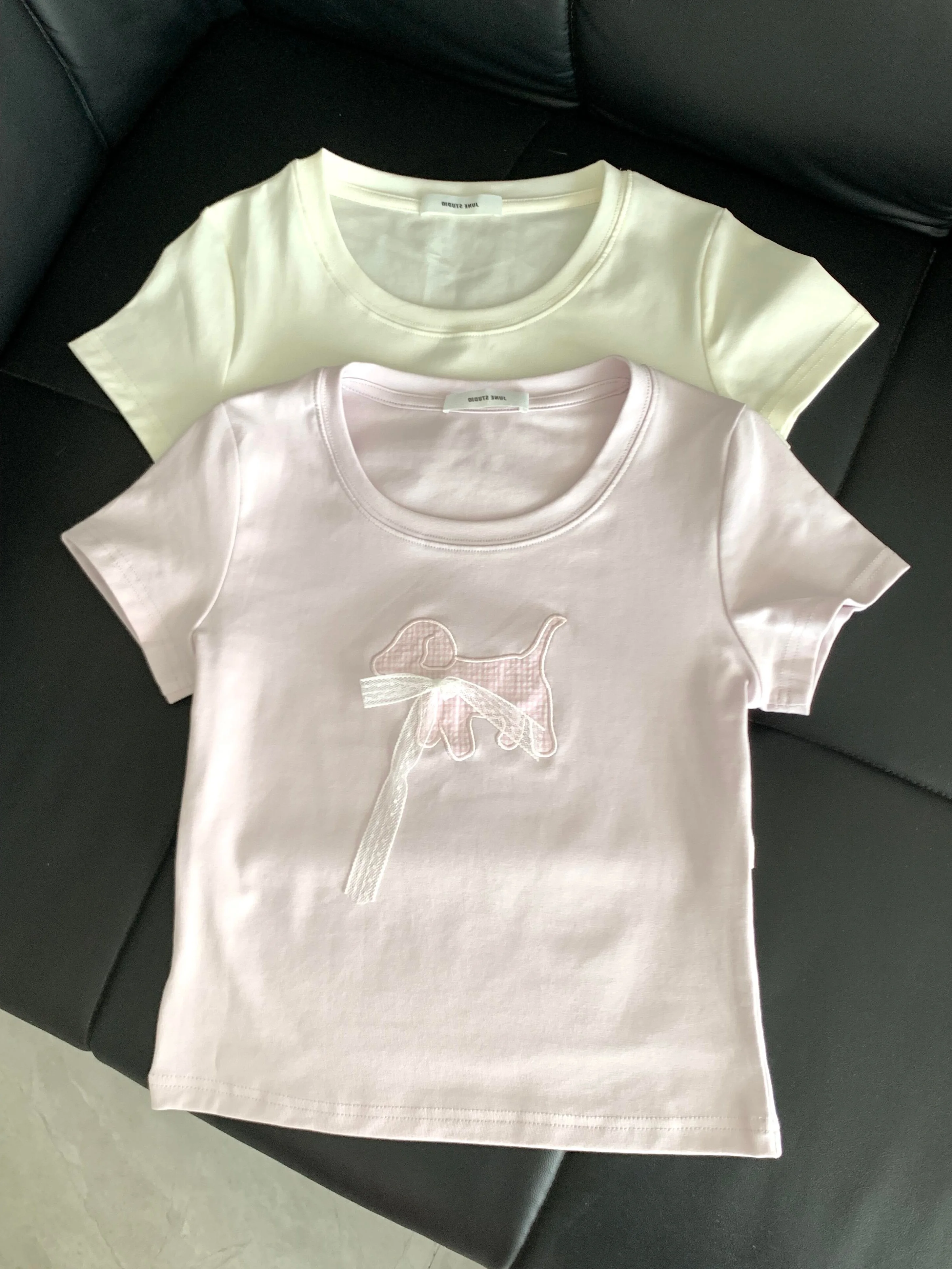 

Chic Korean Style Patchwork Embroidery Short Sleeve T-Shirt Women's Slim Fit Summer Versatile Cute Dog Top