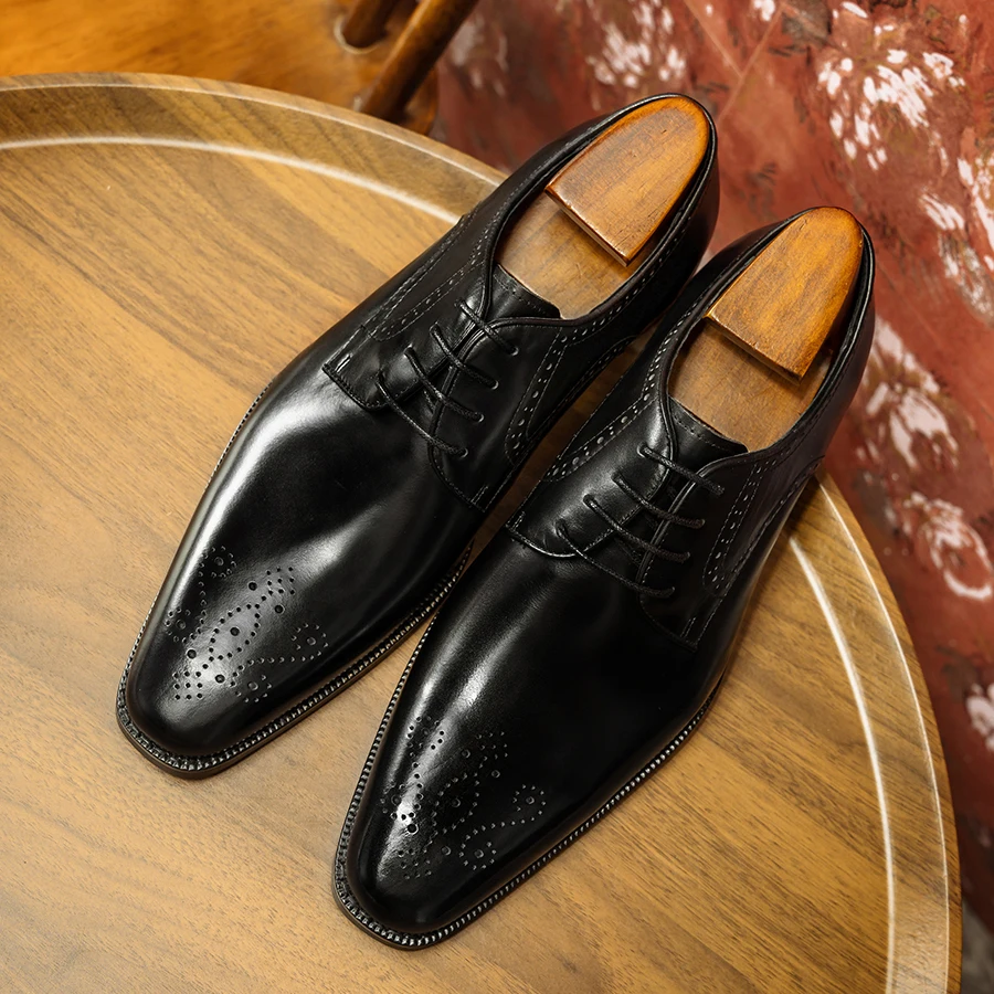 "HANMCE Men's Derby Shoes | Pointed Toe Brogue Business Formal Dress Shoes | Genuine Cowhide Leather Wingtip Design