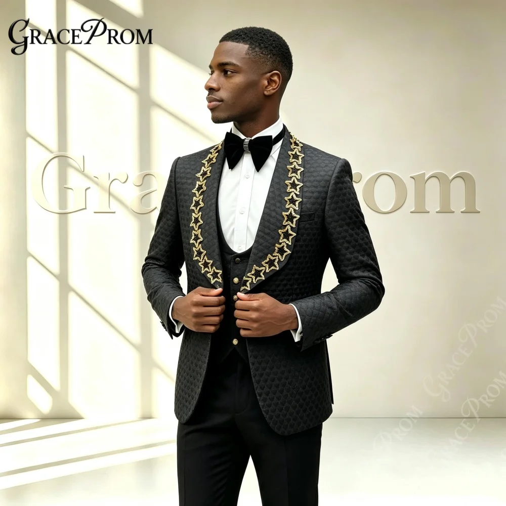 Premium Black Gold Star Beaded Men Suits 3PCS Wedding Groom Sets Man Peak Suit Set Banquet Prom Party Wear Embroidery Tuxedo