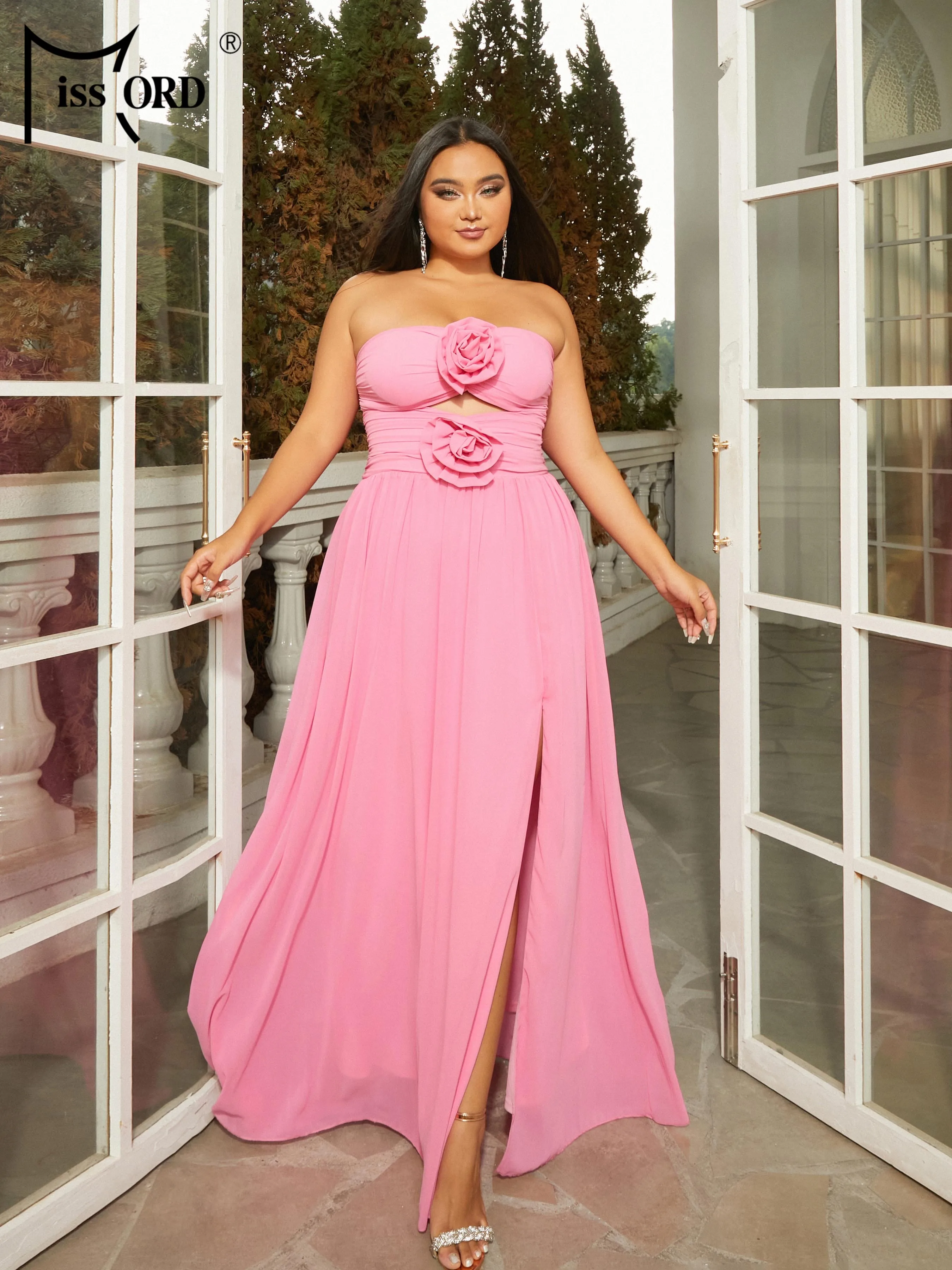 Missord New Plus Size Pink Elegant Party Dresses For Women Strapless Floral Split Evening Prom Dress