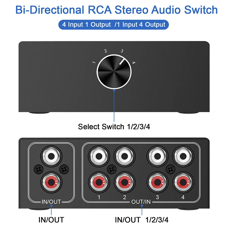 4-drożny dwukierunkowy przełącznik audio stereo RCA 1 wejście 4 wyjścia lub 4 wejścia 1 wyjście L/R gniazdo kanał dźwiękowy przełącznik audio RCA