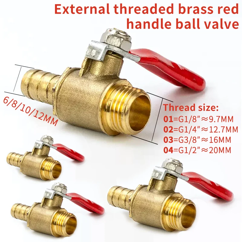 

10pcs Ball Valve 4-12mm Hose Barb Connector Joint Copper Pipe Fitting 1/8'' 1/2'' 1/4'' Male Thread Coupler Adapter