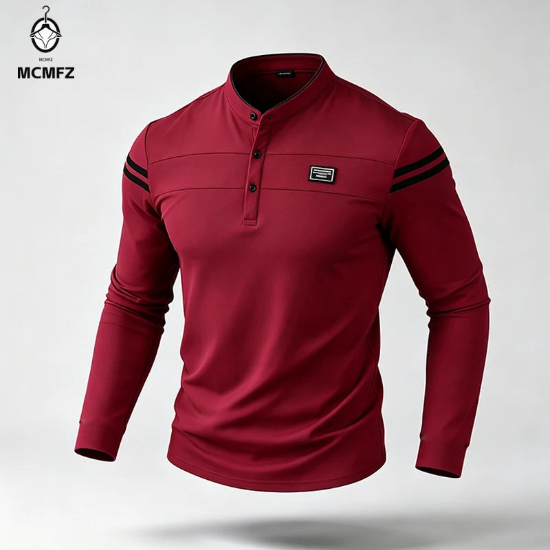 Male Urban Long Sleeve Polo Shirt Stand Collar Striped Decal For City Commute And Daily Street Leisure Matching Look view 5