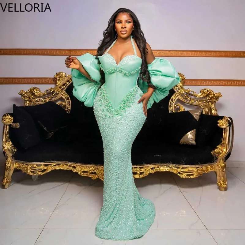 

Изысканное вечернее платье цвета мятной мяты с кружевом и бисером, элегантное платье-русалка с рукавами-фонариками, нарядное африканское платье для дня рождения, Aso Ebi, на заказ