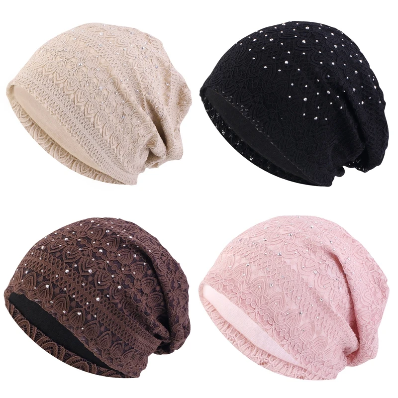 Crystal Lace Beanies Hat Women Slouchy Knit Hats Flower Headscarf Cap Ladies Comfortable Fashion Skullies Turban Hair Cover