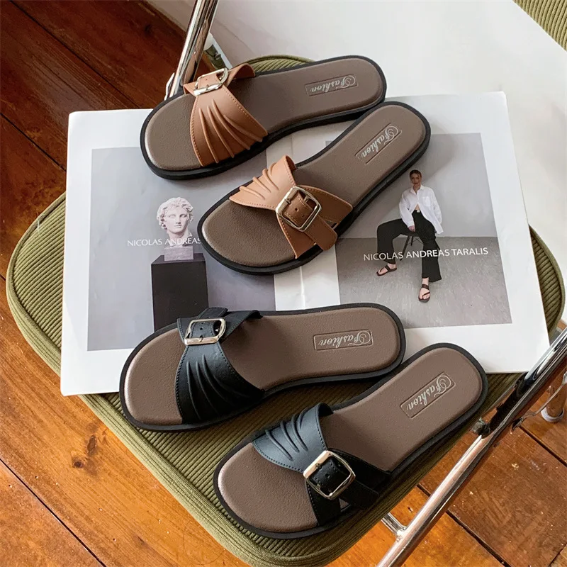 

Ladies Unique Design French Style Vacation Casual Wear Beach Flat Slippers One Line Outdoor Wear Comfortable Slip-On Sandals