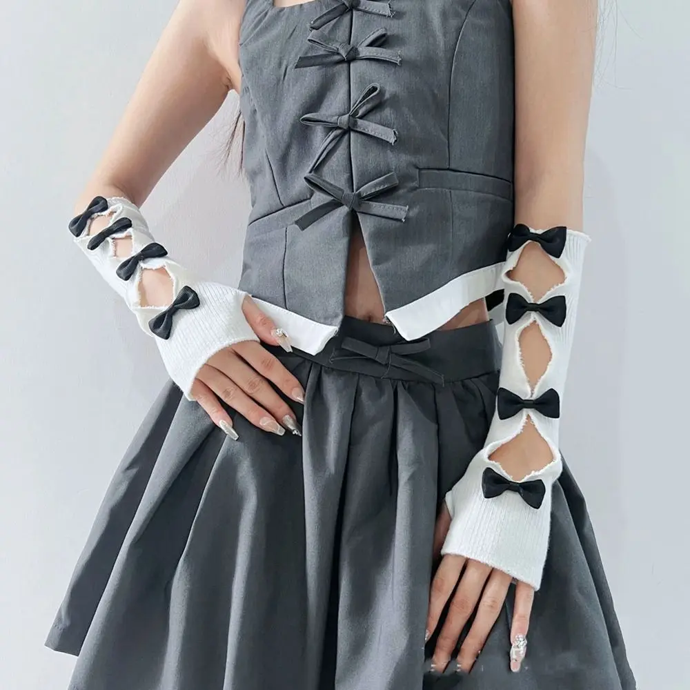 Armabdeckung Elastisch Y2K Warme Ärmel Schleife Hohlschleife Gestrickte Armstulpen Lolita Cosplay Süße fingerlose Handschuhe JK