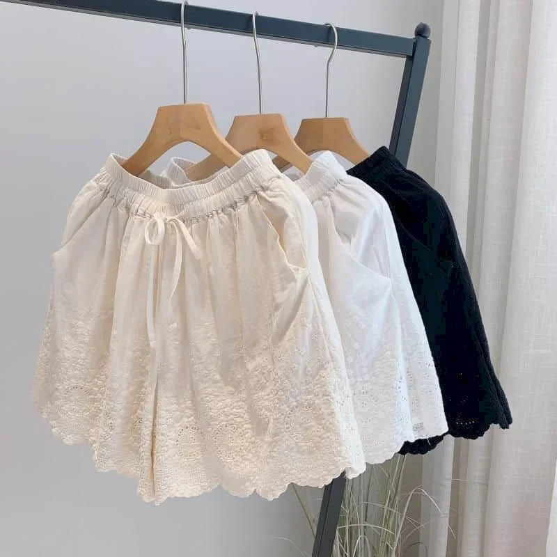 

Pop Solid Shorts For Women Summer Casual Straight Short Pants Embroidered Korean Style Elastic Waist Wide Leg Trousers Women Clo