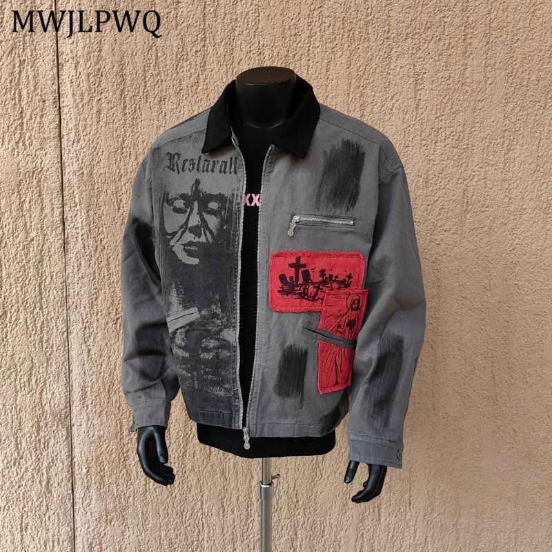 

MWJLPWQ Trendy Patch Spliced Design Workwear Jacket Men Printed Niched Autumn Street Style Couple Laple Zipper New Coat 11150