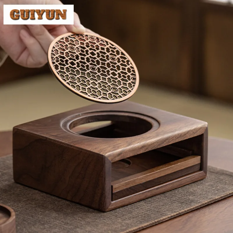 Walnut Wood Square Tea Warmer Holder Trivet Candle Heater Stove Household Kettle Stand Baked Milk Jar Carbon Furnace Cha Craft