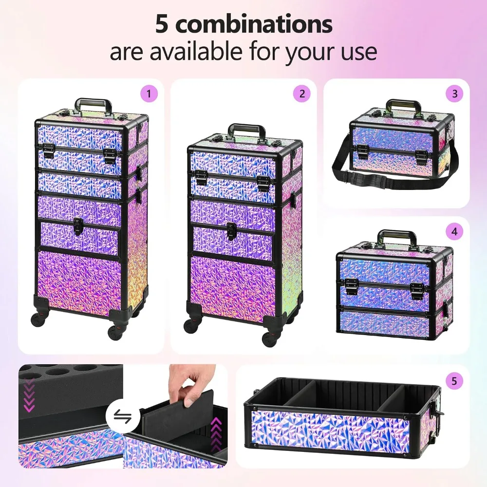 Rolling Makeup Train Case with Drawers, Portable Cosmetic Organizer on Wheels, Professional for Salon, Barber, Nail, Tattoo, Black view 2