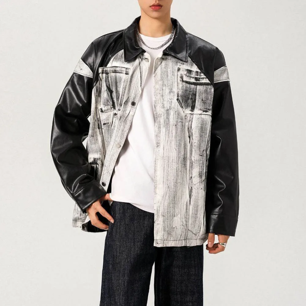 

Осенняя новая мужская лоскутная куртка с длинными рукавами в американском стиле ретро, модный тренд, уличный хип-хоп, свободные повседневные нишевые мужские топы 2025