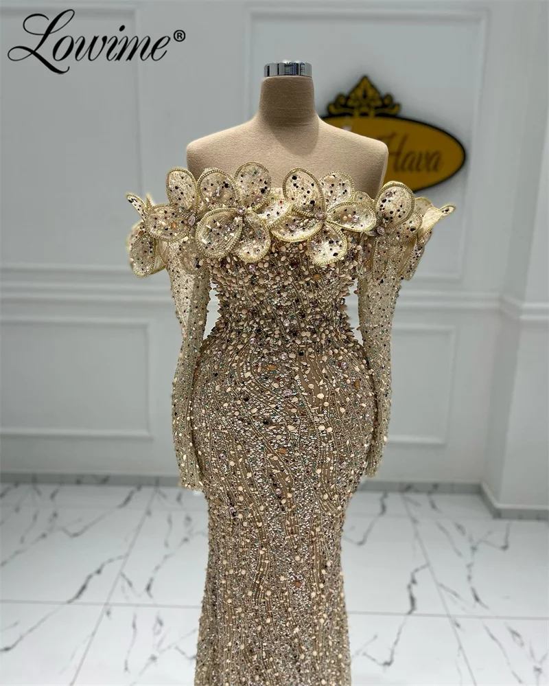 Champagne Arabic Evening Dresses 2024 Long Sleeves Full Beading Handmade Flower Mermaid Wedding Party Dress Crystals Prom Gowns