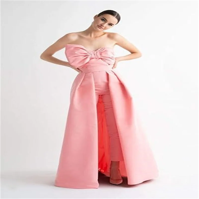 Simple Pink Pants Prom Dress Strapless Sleeveless Evening Gown Satin Elegant Summer Formal Occasion Latest Style 2024 with Bow