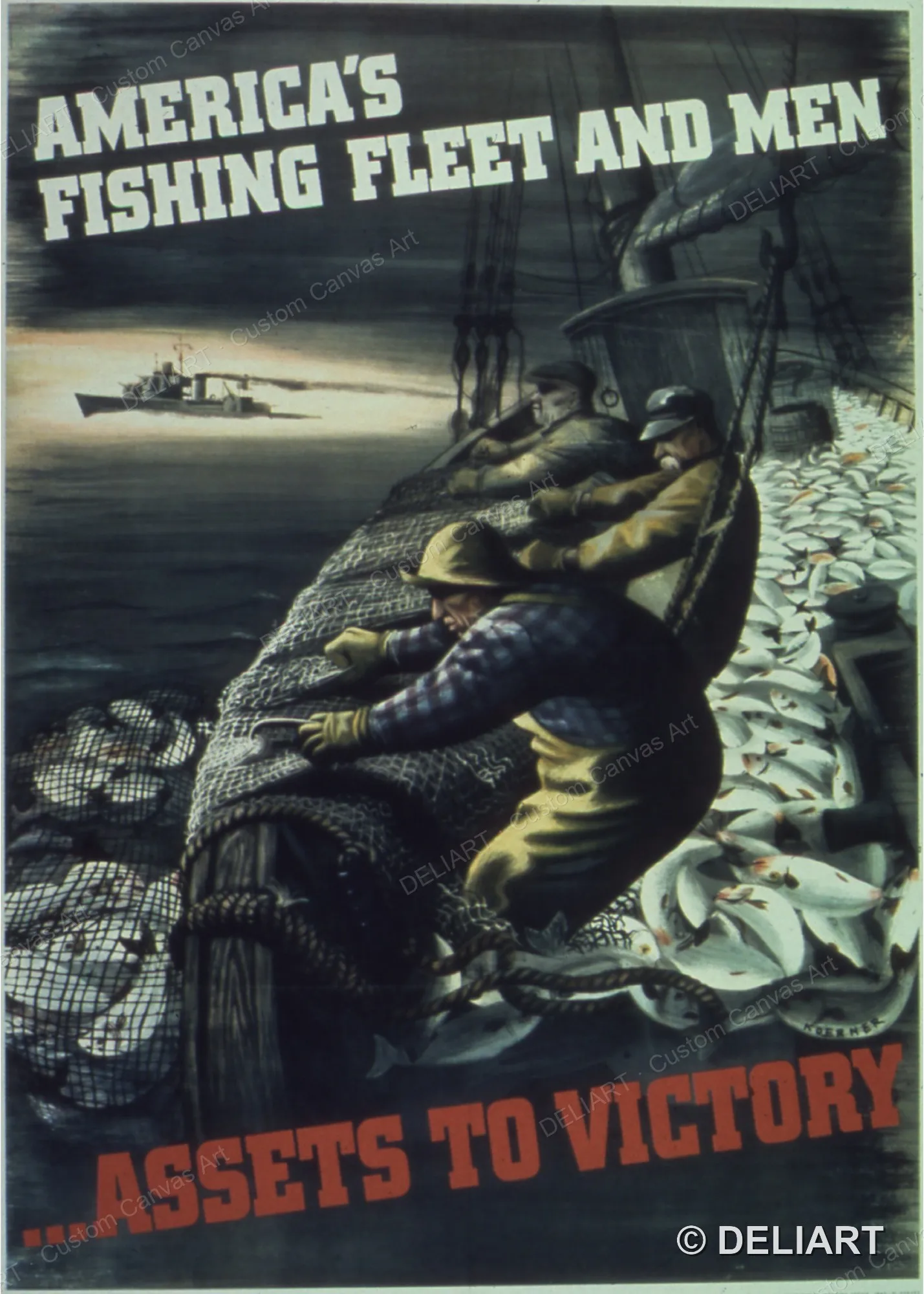 America's fishing fleet and men...A assects to victory Vintage WWII Propaganda Canvas Wall Art Poster Print Home Decor Unframed