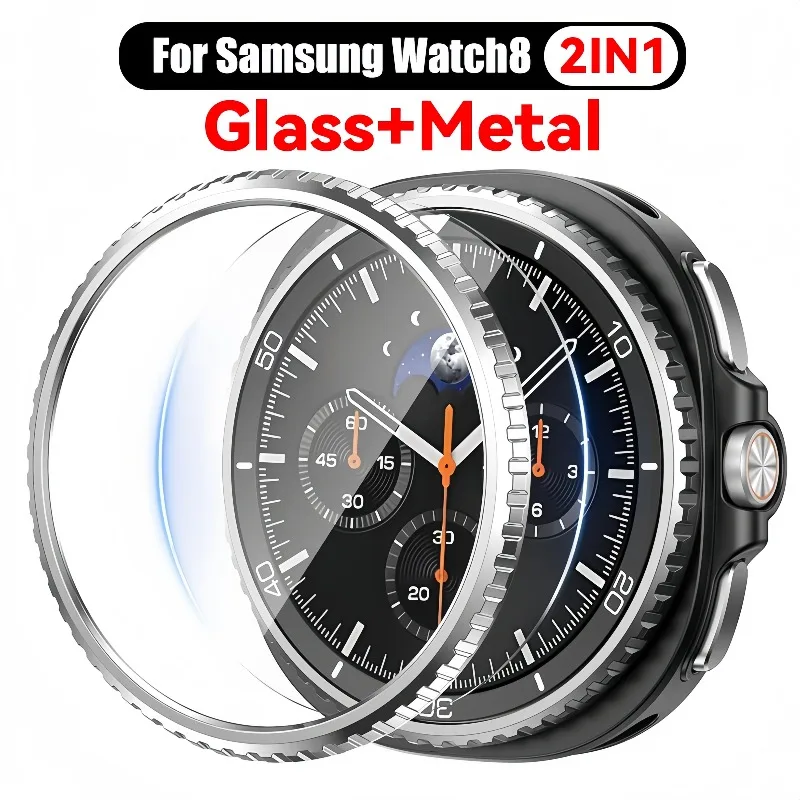 إطار معدني لساعة سامسونج جالاكسي 8 الكلاسيكية 46 ملم حافظة حلقية غطاء لاصق واقيات شاشة من الزجاج المقسى ملحقات Watch8