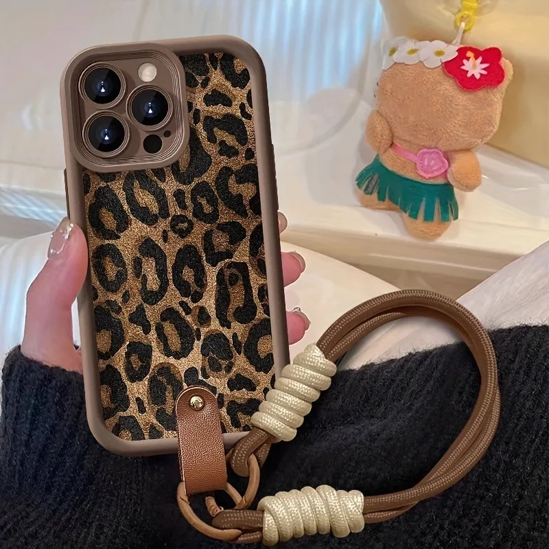 Phone Cases For Samsung Galaxy S26 S25 Ultra S24 S23 Plus S22 A36 A15 A55 A16 A35 A56 Brown Leopard Pattern Wrsit Strap Cover