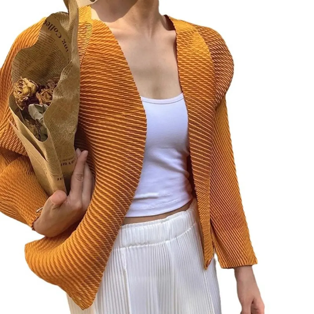 

Miyake женское короткое пальто с лацканами и длинными рукавами, элегантный универсальный повседневный плиссированный кардиган, топ на лето