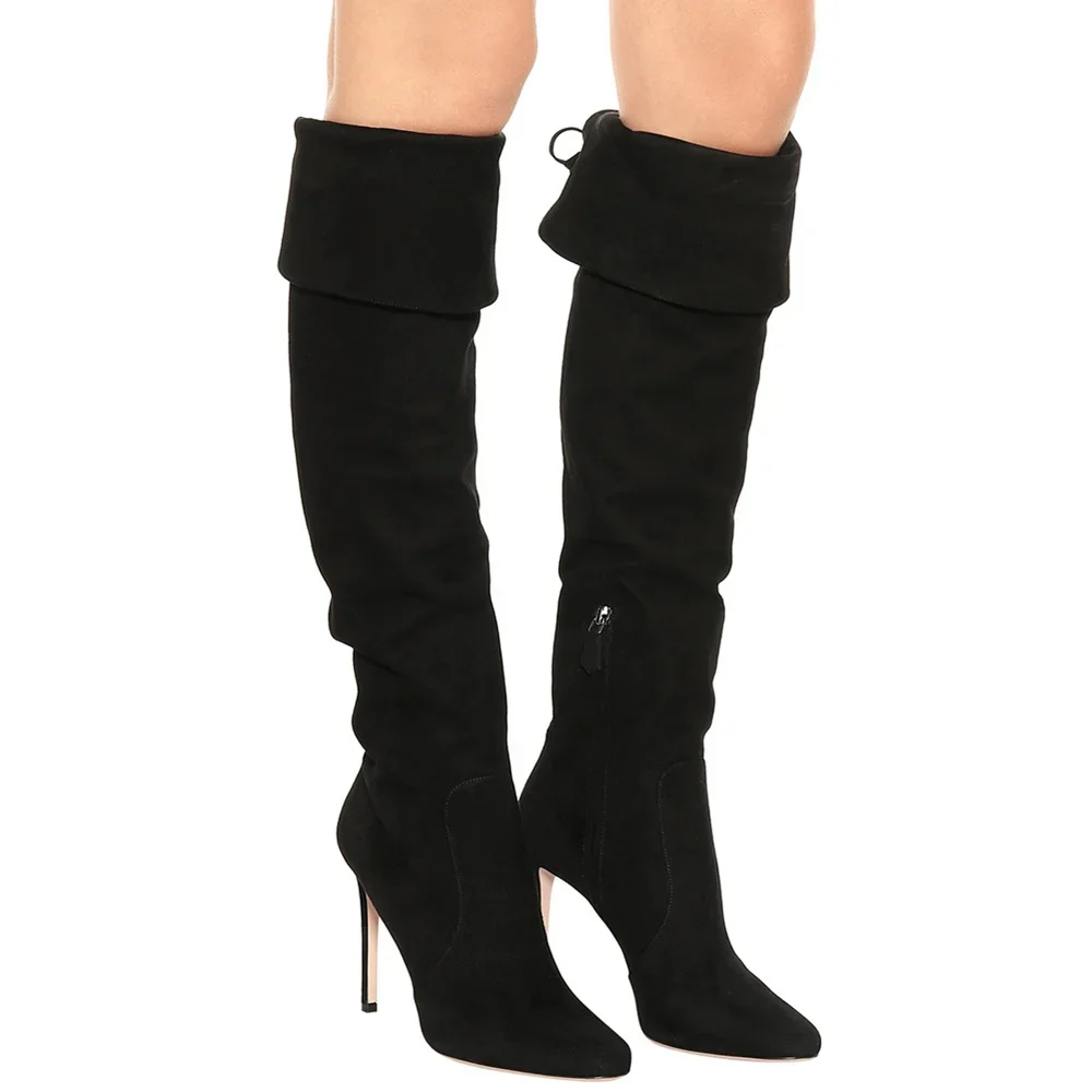 Women High Heel Knee Boots Winter Classic Black Suede Pointed Toe Stiletto Boots Zipper Turned-over Edge Comfort Long Boots