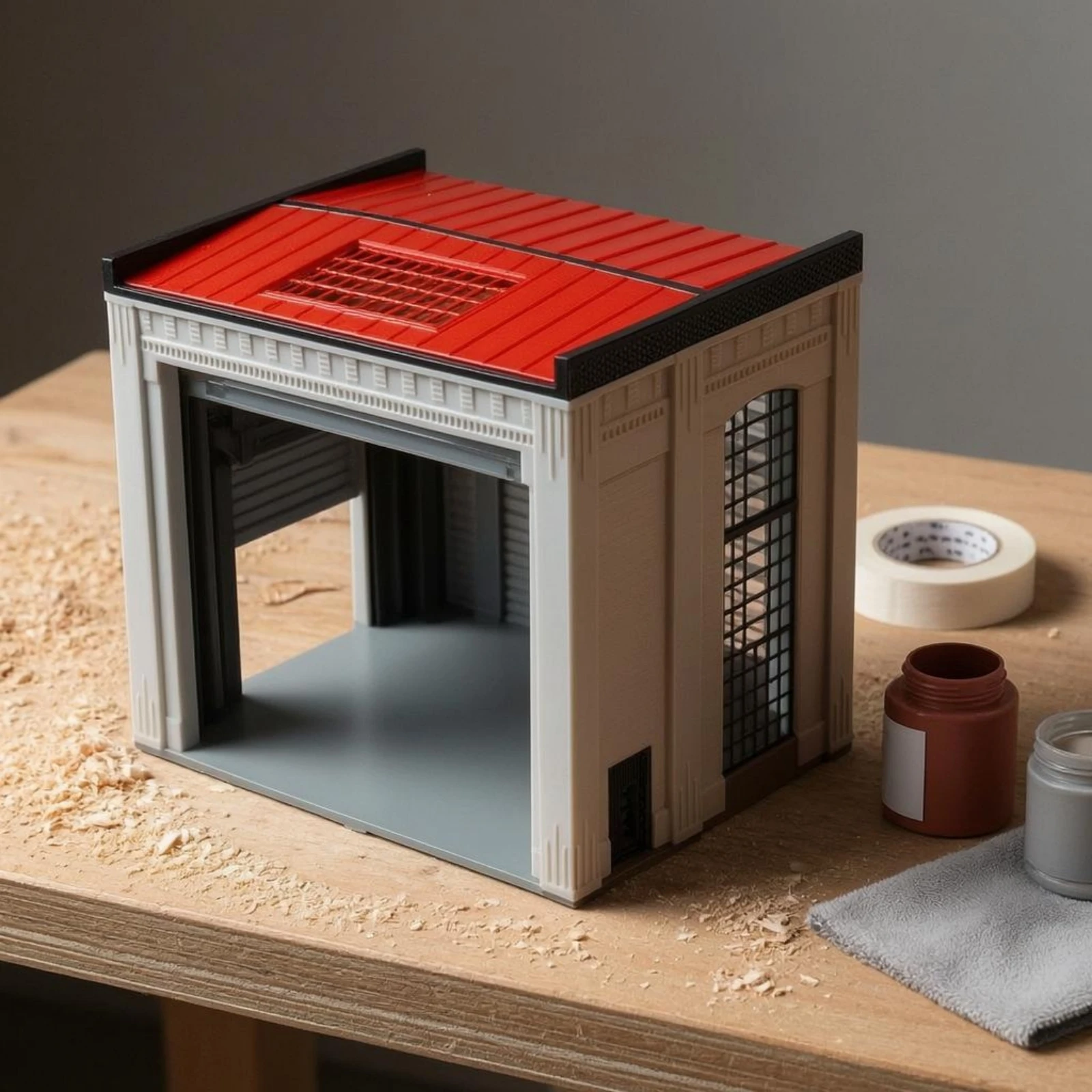 

1:64 Garage Diorama Red Roof Miniature Garage Model Architectural Scene Model Grid Panes Maintenance Shop Scene Molded Details