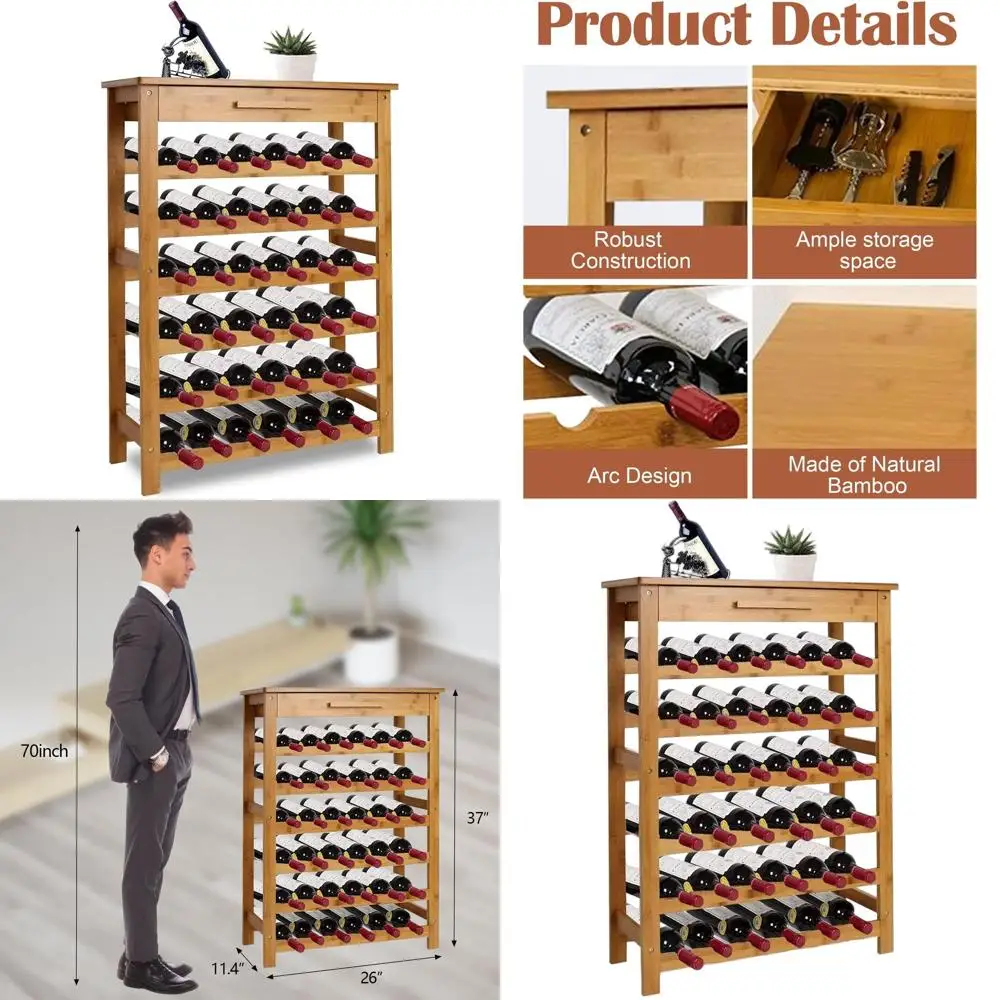 

36-Bottle Bamboo Wine Rack - 6-Tier Floor Standing Storage Display Shelves for Home