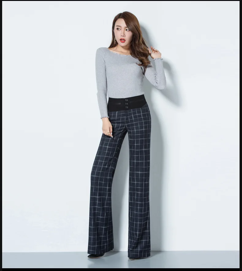 

new autumn winter wool fashion casual plus size brand tall female women thick warm plaid high waist flare pants