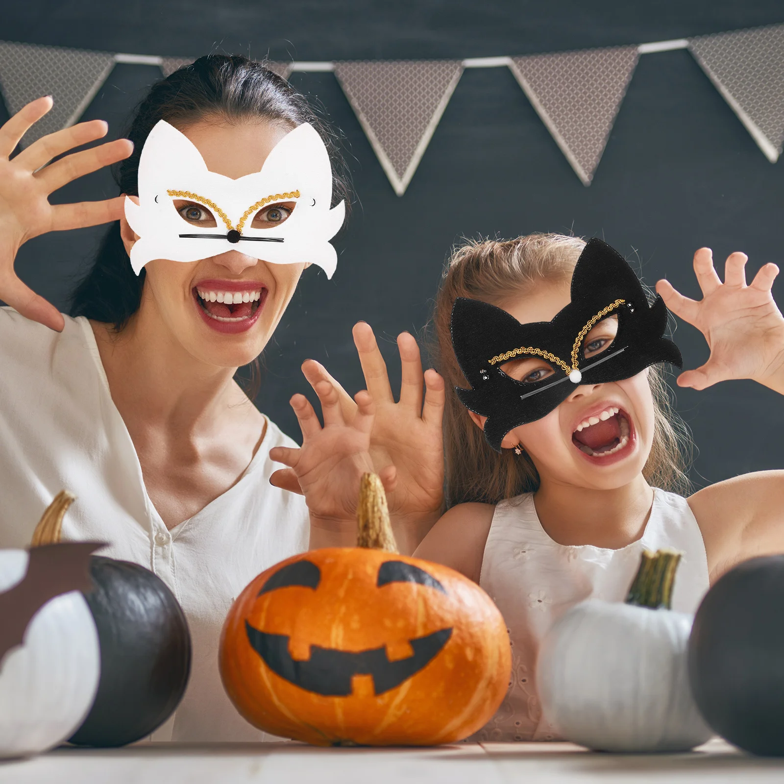 할로윈 코스프레용 고양이 마스크 2개, 동물 얼굴 가면 의상 파티 장식, 어린이 여성용 반쪽 얼굴 가면, 가벼운 천 마스크