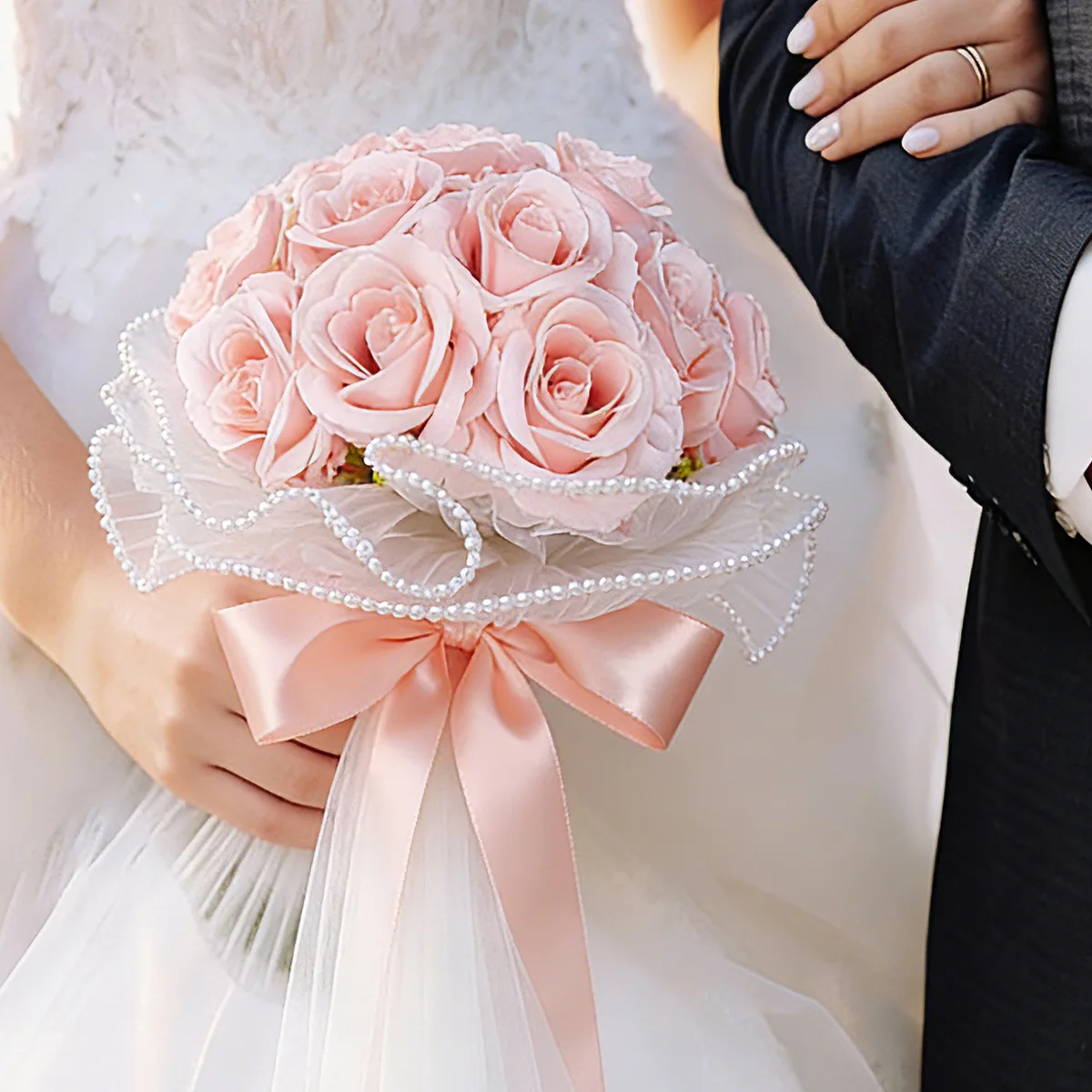 Yannew Pink Wedding Bouquets for Bride Artificial Rose Bridal Bridesmaid Toss Flower with Silk Ribbon Rustic Wedding Decoration