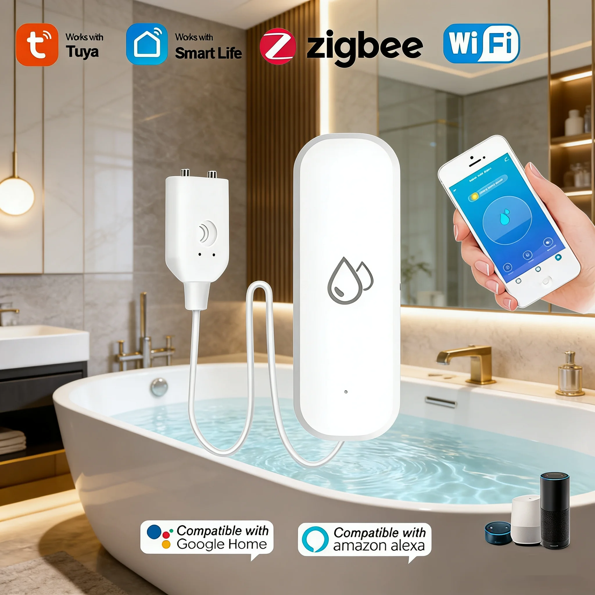 Smart Home WiFi Zigbee Water Sensor Tuya APP Flood Leak Detector Water Leakage Alert Overflow Alarm Security Protection System